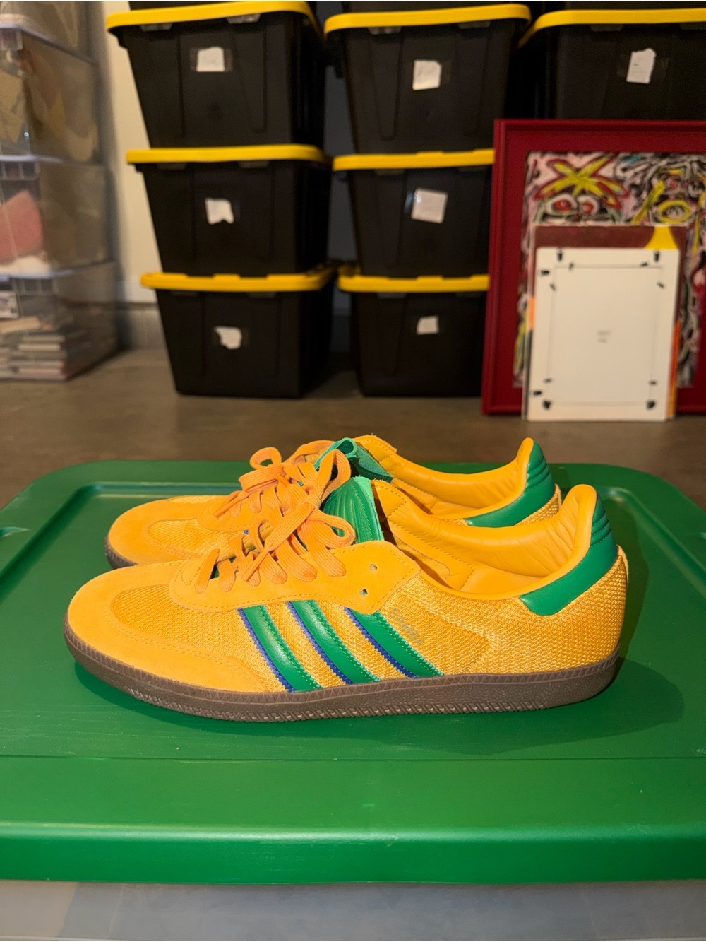 Green and yellow adidas sambas
